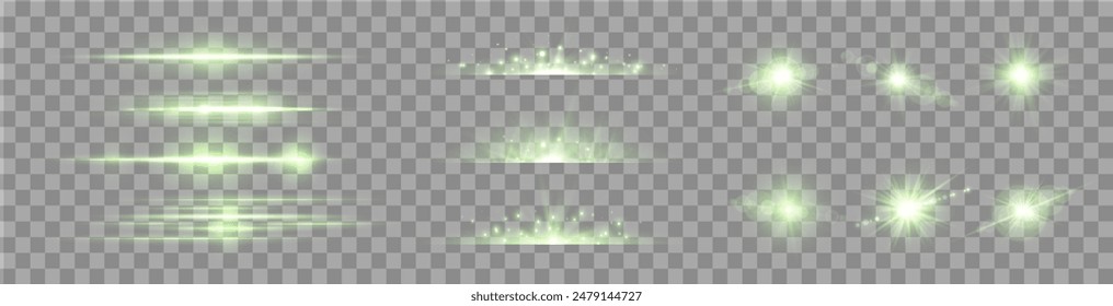 Green lens flares set. Isolated on transparent background. Sun flash with rays or spotlight and bokeh. Glow flare light effect. Vector illustration.
