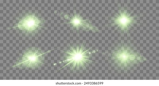 Green lens flares set. Isolated on transparent background. Sun flash with rays spotlight and bokeh. Green glow flare light effect. Vector illustration.