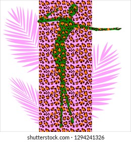 Green, leopard silhouette on the background of a leopard liner with fern leaves. Graceful silhouette.