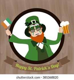 Green Leprechaun with beer and  Irish flag celebrating Saint Patrick's Day