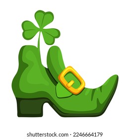 Der grüne Koboldschuh mit Shamrock als Symbol des St. Patrick's Day. Klee in einem Schuh-Attribut des irischen Feiertags. Vektorgrafik