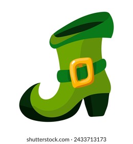 Bota de duende verde para el día de San Patricio, resaltada sobre un fondo blanco. Linda ilustración en tonos verdes y amarillos. Botas de leprechaun verde sobre fondo blanco con un espacio para copiar