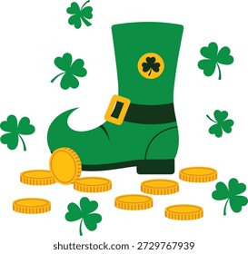 Bota de duende verde rodeada de monedas de oro y hojas de trébol. Ilustración vectorial plana que simboliza la suerte irlandesa y el Día de San Patricio.