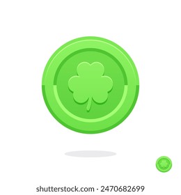 Green leprechaun coin. Saint Patrick's Day green coin. Coin icon. Money symbol. Golden coin with clover. St. Patrick's day symbol. Treasure sign. Golden leaf. Clover icon. Symbol of luck. Cash money 