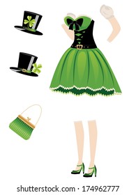 Green leprechaun girl dress with accessories on white background.