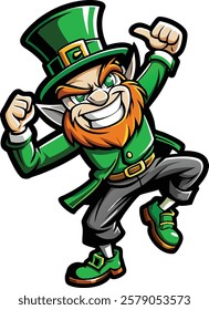 A green leprechaun with a green hat and beard is dancing and pointing his finger