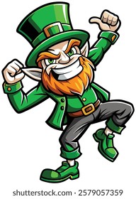 A green leprechaun with a green hat and beard is dancing and pointing his finger