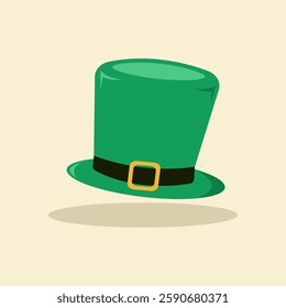 Green leprechaun hat with a black band and gold buckle on a neutral background. St. Patrick's Day celebration.