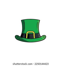 Green leprechaun hat with black belt and golden buckle on white. Hand drawn vector sketch illustration in doodle engraved vintage outline style. Saint PAtrick's day, lucky, costume, style, holiday