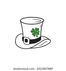 Green leprechaun hat with black belt and shamrock on white. Hand drawn vector sketch illustration in doodle cartoon line art style. Saint PAtrick's day, lucky, costume, style, holiday