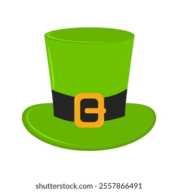 Green leprechaun hat in cartoon style. St. Patrick's day design element isolated on white background. Hand drawn symbol or icon for St Patrick Day holiday design. Colored flat vector illustration