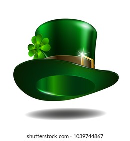 Green leprechaun hat with clover leaf isolated on white background. St. Patricks Day symbols. Vector illustration