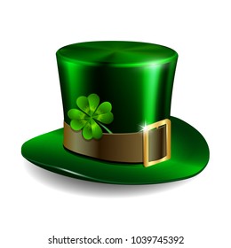 Green leprechaun hat with clover leaf isolated on white background. St. Patricks Day symbols. Vector illustration