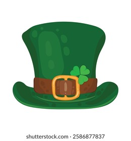 Green leprechaun hat with clovers. Decoration for the Irish holiday. Symbol of St. Patrick's Day. Vector images on a transparent background.