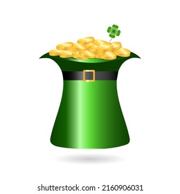 Green leprechaun hat filled with coins and clover leaf on the white background. Isolated. Fortune Symbol. Vector illustration.