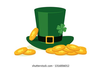 Green leprechaun hat with four leaf clover and golden coins in flat style isolated on white background.