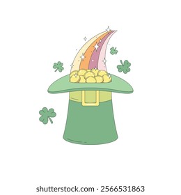 A green leprechaun hat full of gold coins at the end of a rainbow. Vector illustration for St. Patrick's Day.