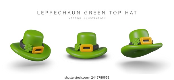 Green leprechaun hat with gold buckle. Realistic element in different positions