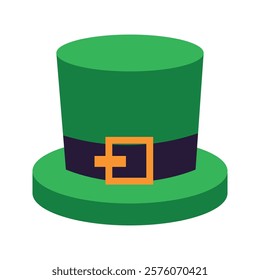 Green Leprechaun Hat with Gold Buckle. Illustration of a green leprechaun hat with a black band and gold buckle, symbolizing St. Patrick's Day and Irish traditions. Flat vector illustration