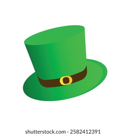 Green leprechaun hat with gold buckle and brown band symbolizing St. Patrick's Day on a white background