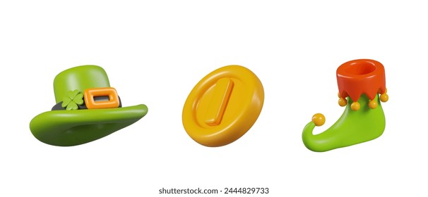 Green leprechaun hat, gold coin, elf shoe. Isolated vector realistic elements for holiday web design