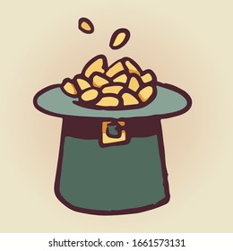 Green leprechaun hat with gold coins.
St.Patrick's day elements icon. 
Colored cartoon illustration.Vector design for web design, mobile app, stickers and games.