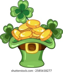 green leprechaun hat with gold coins and clover shamrock. for st. patrick's day.