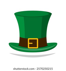 Green leprechaun hat with golden buckle, simple graphic style, isolated on white background, concept of St. Patrick's Day