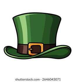 Chapéu leprechaun verde com fivela dourada, ilustração vetorial estilo desenho animado para a celebração do Dia de São Patrício, temas irlandeses ou design decorativo festivo