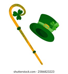 Green leprechaun hat with golden cane. Symbol for St. Patrick s Day. Great for greeting cards, posters, party invitations, and digital designs.