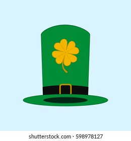 Green leprechaun hat with golden four-leaf clover.
