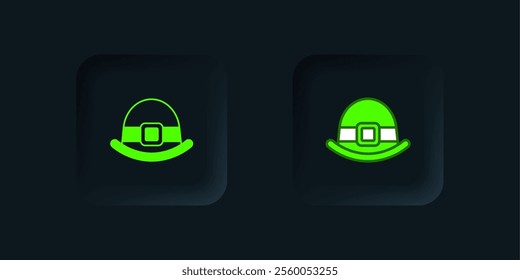 Green Leprechaun hat icon isolated on black background. Happy Saint Patricks day. National Irish holiday. Black square button. Vector