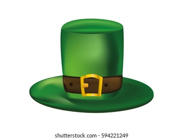 Green leprechaun hat with a leather strap. St.Patrick 's Day. Vector illustration
