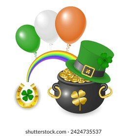 A green leprechaun hat lies on a pot with gold coins and a golden horseshoe, between them there is a rainbow and colorful balloons, illustration for St. Patrick's Day. Vector illustration