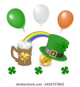 Un sombrero de duende verde yace en una moneda de oro, junto a él se encuentra una taza de madera con cerveza verde, entre ellos hay un arco iris y globos de colores, ilustración para el Día de San Patricio. Vector ilustrado