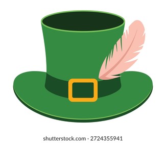 Um chapéu de leprechaun verde com uma pena rosa e uma fivela de ouro, perfeito para as celebrações do Dia de São Patrício.