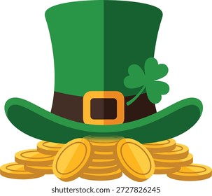 Sombrero de duende verde colocado en una pila de monedas de oro con acento de trébol. Ilustración vectorial plana para la celebración del día de San Patricio, aislado sobre fondo blanco.
