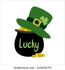 Green leprechaun hat and pot of 
 gold St. Patrick's day symbol. Cartoon  vector illustration isolated on white. Great for greeting cards, pub invitations, posters.