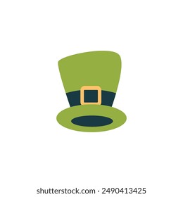 Green leprechaun hat with shiny gold buckle for St. Patrick's Day. Vector illustration of a traditional Irish icon highlighted on a white background.