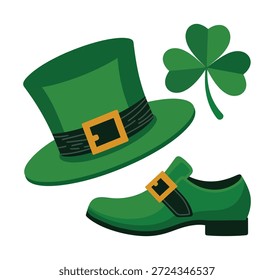 Ein grüner Koboldhut, ein einziger grüner Schuh mit einer Schnalle und ein Schamrock sind auf weißem Hintergrund dargestellt und symbolisieren den St. Patrick's Day.