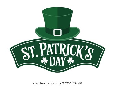 Un sombrero de duende verde se sienta encima de un Anuncio que dice "ST. "PATRICK'S DAY" con tréboles a cada lado. Este gráfico es perfecto para las celebraciones del Día de San Patricio.