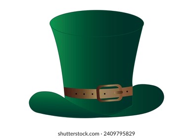 Green leprechaun hat for St. Patrick's Day with bronze plaque. Hat vector illustration isolated on white background.