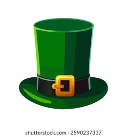 Green leprechaun hat. St Patrick's Day character. Symbol for Saint Patrick’s Day. Leprechaun hat with shamrocks for postcard, banner, poster, cover, holiday design