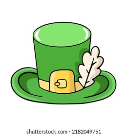 Green leprechaun hat, vector design element in the style of doodles, isolated on a white background, hand drawn