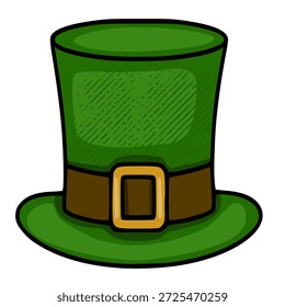 Ilustración vectorial de sombrero de duende verde con hebilla dorada y detalles texturizados, perfecta para las celebraciones del Día de San Patricio.