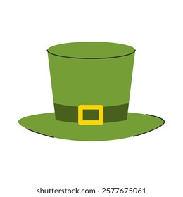 Green leprechaun hat with a yellow buckle, a traditional symbol of St. Patrick's Day. Vector illustration for holiday designs and decorations.