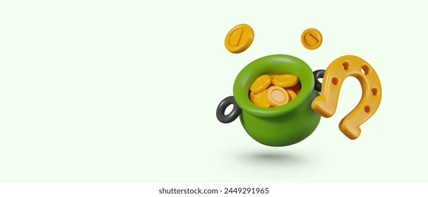 Green leprechaun pot with gold coins, horseshoe. Vector composition in cartoon style