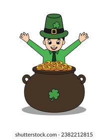 Green Leprechaun In Pot Of Gold Vector For St Patrick's Day