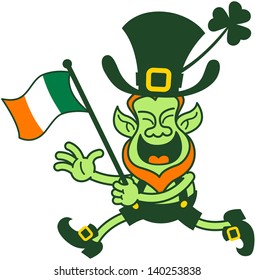 Green Leprechaun running and waving an Irish flag to celebrate Saint Patrick's Day