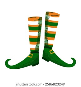 Green leprechaun shoes with striped socks in Irish flag colors. Perfect for St. Patrick's Day decorations, cards, posters, invitations, and festive designs